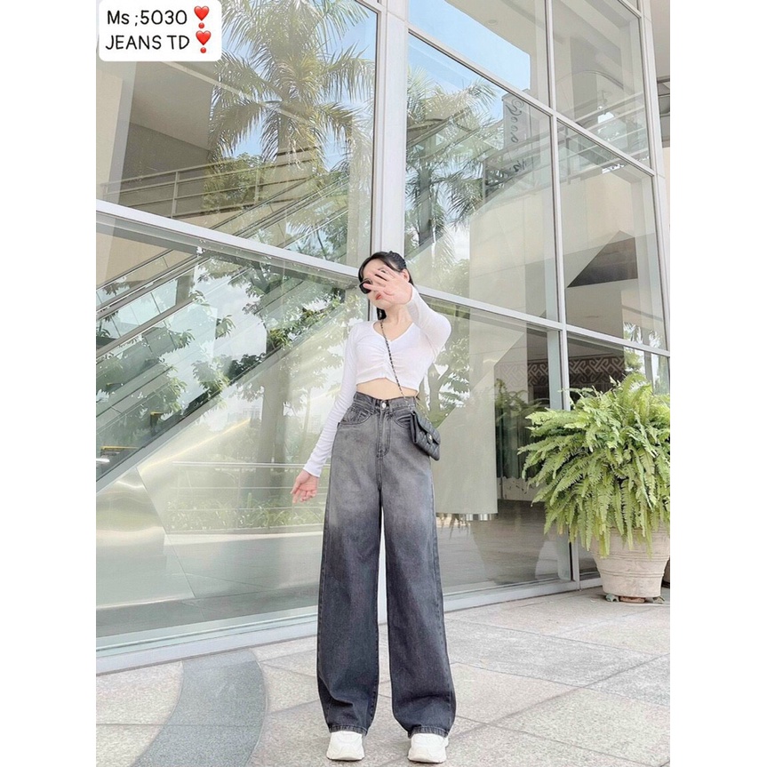 Quần baggy jean nữ Allen, lưng cao ống rộng, loang 2 màu