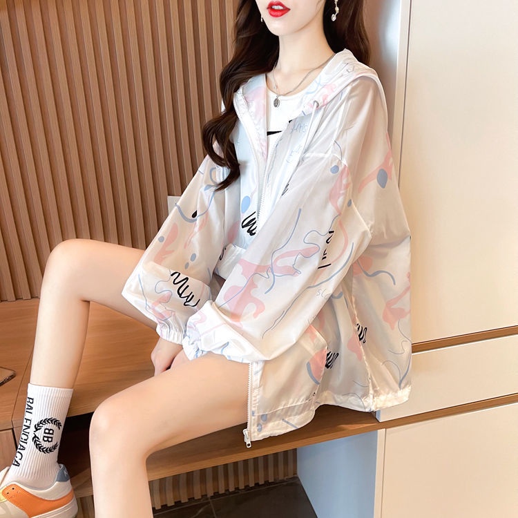 Áo Khoác cardigan Mỏng Có Nón Chống Nắng Dáng Rộng In Họa Tiết Thời Trang Mùa Hè Cho Nữ