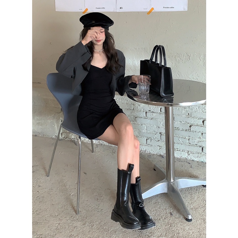 Đầm Hai Dây Tay Dài / Áo Khoác Vest Dáng Ôm Đính Ngọc Trai Thời Trang Hàn Quốc Quyến Rũ Cho Nữ