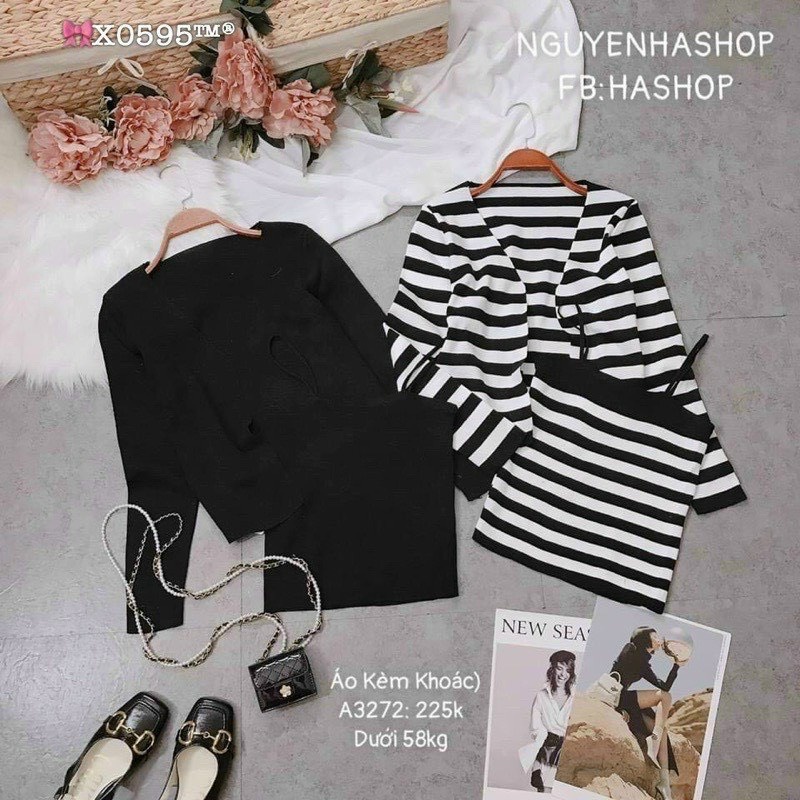 Set bộ nữ 2 món áo khoác kèm áo 2 dây croptop phối sọc ngang xinh