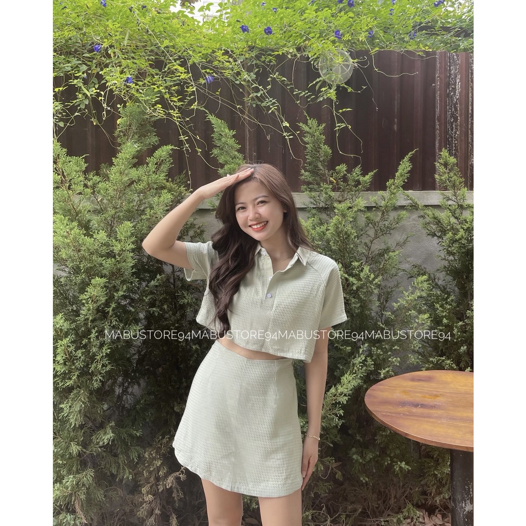 Bộ set somi crop cổ polo kèm chân váy ô xốp