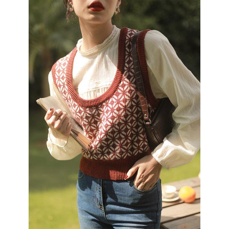 Lil Forest Áo Sweater sát nách cổ chữ U kiểu Retro Pháp dễ thương | BigBuy360 - bigbuy360.vn