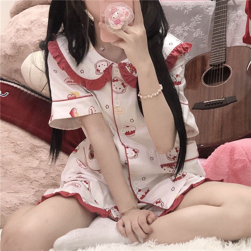 Bộ Đồ Ngủ Mềm Mại In Họa Tiết Mèo Kitty Phong Cách Hàn Quốc Dễ Thương Dành Cho Nữ