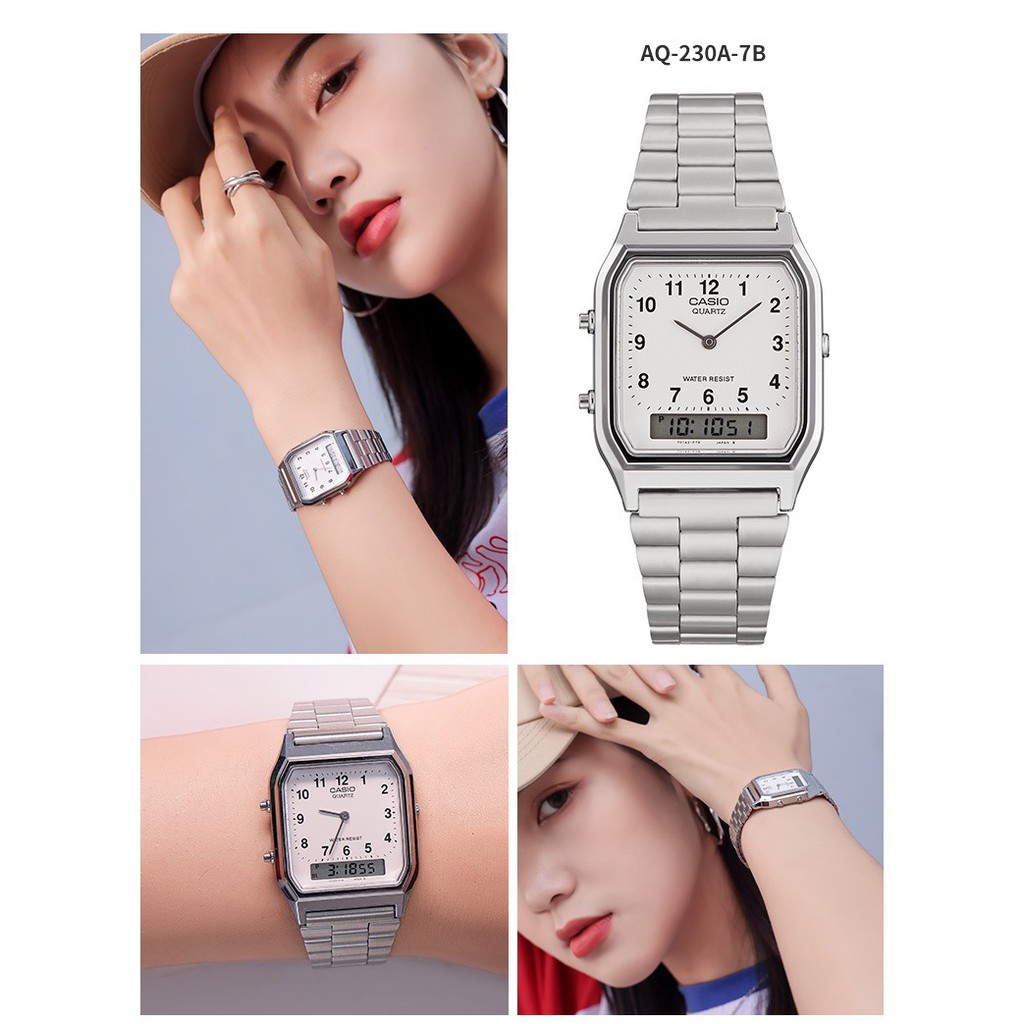 Đồng hồ nam nữ Casio điện tử chính hãng mặt vuông cổ điển , dây kim loại - đồng hồ  AQ230