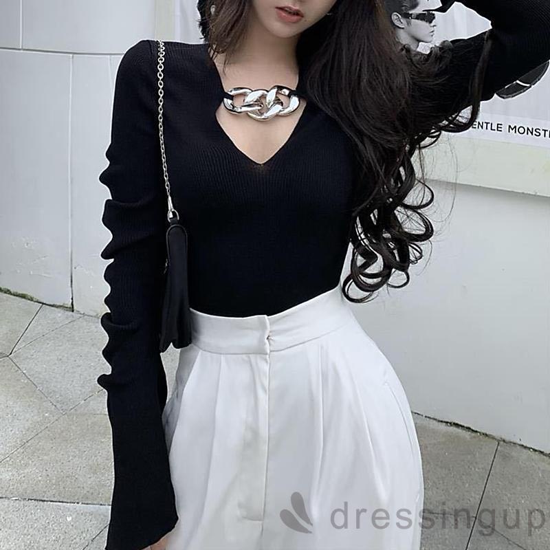 Áo len tay loe cổ chữ V dáng ôm thời trang quyến rũ cho nữ