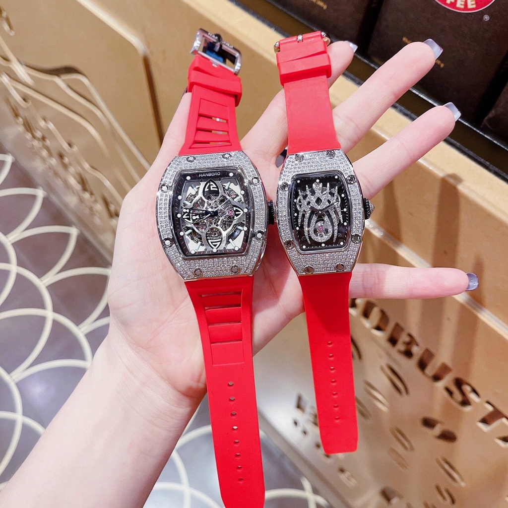 Đồng Hồ Nam Nữ Hanboro Nam Máy Automatic, Nữ Máy Pin , Dây Cao Su Màu Đỏ , Size 36mm/48mm