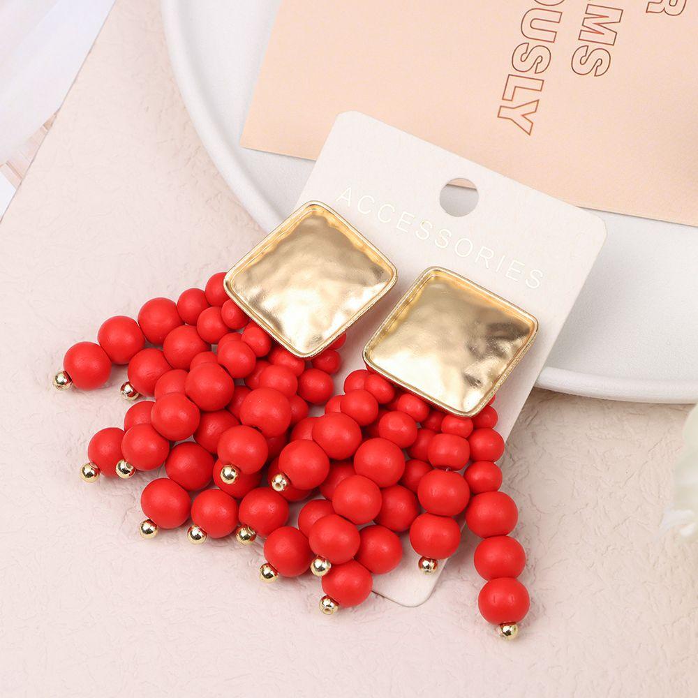 Bông Tai Dạng Chuỗi Hạt Gỗ Phối Tua Rua Bằng Kim Loại Thời Trang Cho Nữ