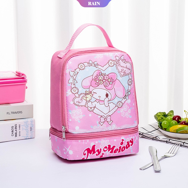 Túi Đựng Hộp Cơm Trưa Hai Lớp Di Động 25Cm In Họa Tiết Hoạt Hình My Melody Hello Kitty Pikachu Hai Sao Có Khóa Kéo