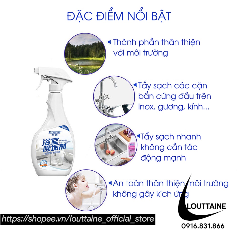 Chai xịt tẩy rửa cặn canxi Fansen 500ml vệ sinh vòi nước inox tẩy cặn gương kính cặn bồn rửa