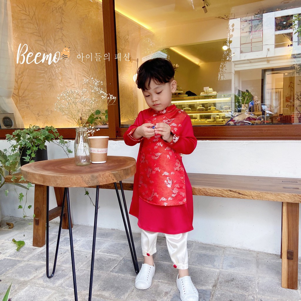 Set áo dài GELU KIDS chất liệu lụa phối gấm cao cấp thêu hạc cho bé trai diện tết