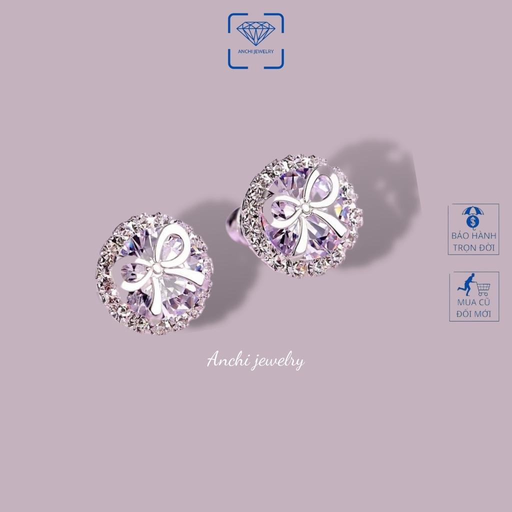 Bông tai nữ tròn đính đá mạ vàng, chuẩn bạc ta, Anchi jewelry