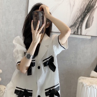 Áo sơ mi blazer tay bồng nơ đen