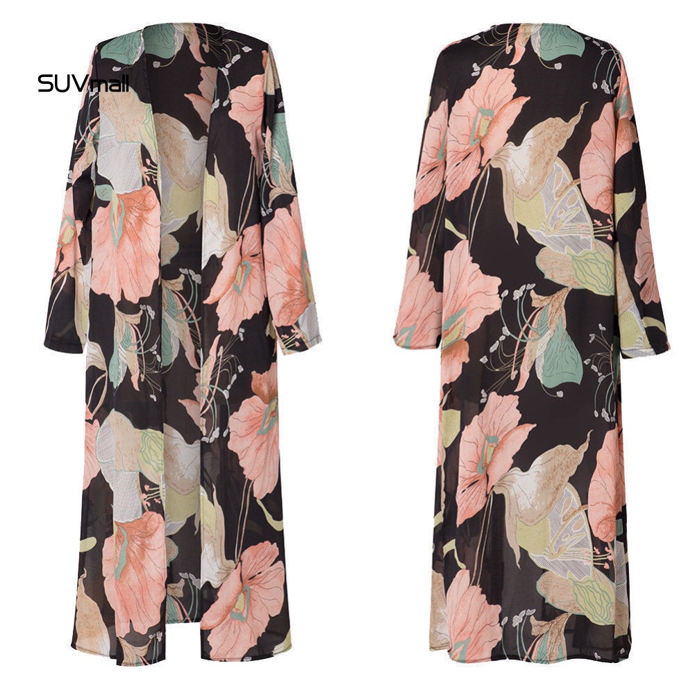 Áo Khoác Kimono Vải Voan Tay Dài In Hoa Thời Trang Đi Biển Cho Nữ