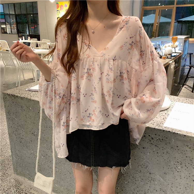 Áo kiểu chiffon tay dài in hoa thời trang cho nữ | BigBuy360 - bigbuy360.vn