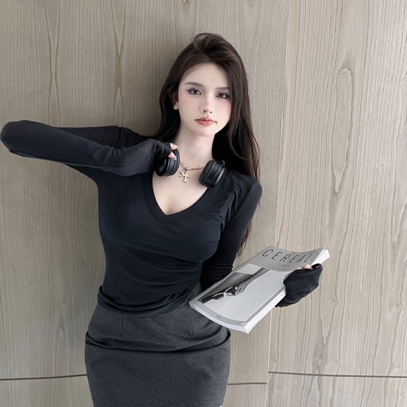 Áo thun COZOKC tay dài cổ chữ V dáng ôm quyến rũ trẻ trung