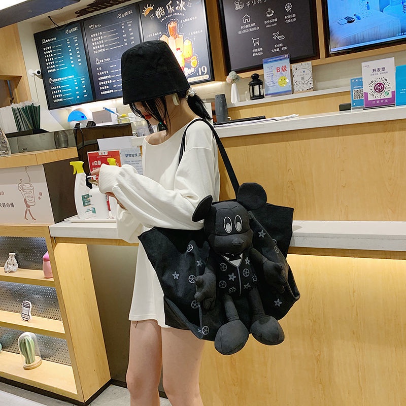 Túi Tote Đeo Vai Vải Canvas Sức Chứa Lớn Hình Búp Bê Mickey Chất Lượng Cao Dễ Phối Đồ Cho Nữ Sinh