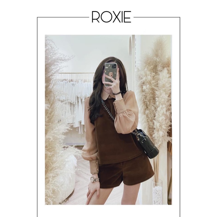 Set đồ nữ, sét nhung nữ áo nhung nâu tay bồng kèm quần sooc siêu dễ thương chất nhung mềm mịn hàng cao cấp Oanh Shop