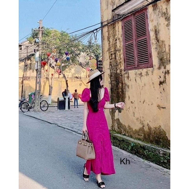 ⚡️CAMILLA⚡️Đầm hồng cổ vuông chạy chỉ lưng chất đũi tằm ko nhăn | BigBuy360 - bigbuy360.vn