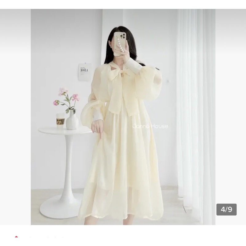 Váy voan tơ bồng ulzzang dáng dài ( có ảnh thật ) đính ngọc 2 lớp tiểu thư thắt nơ sau - Đầm midi công chúa lấp lánh nhũ