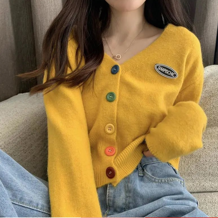 Áo khoác cardigan dệt kim dài tay phối nút cài xinh xắn cho nữ