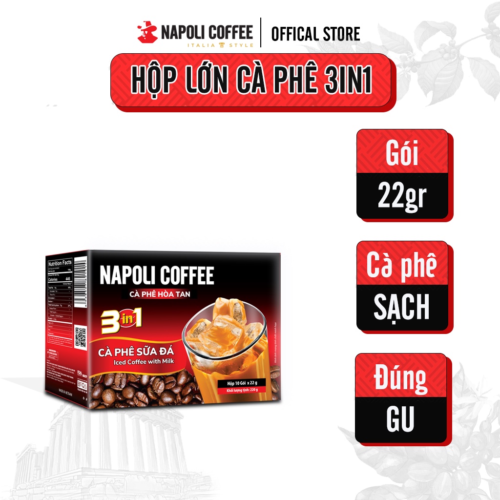 COMBO Đặc Biệt 3 Hộp Cà Phê Đen &amp; Sữa &amp; Socola Napoli Coffee - Cafe Hoà Tan 2in1 - 3in1 - 4in1 - Cà Phê SẠCH