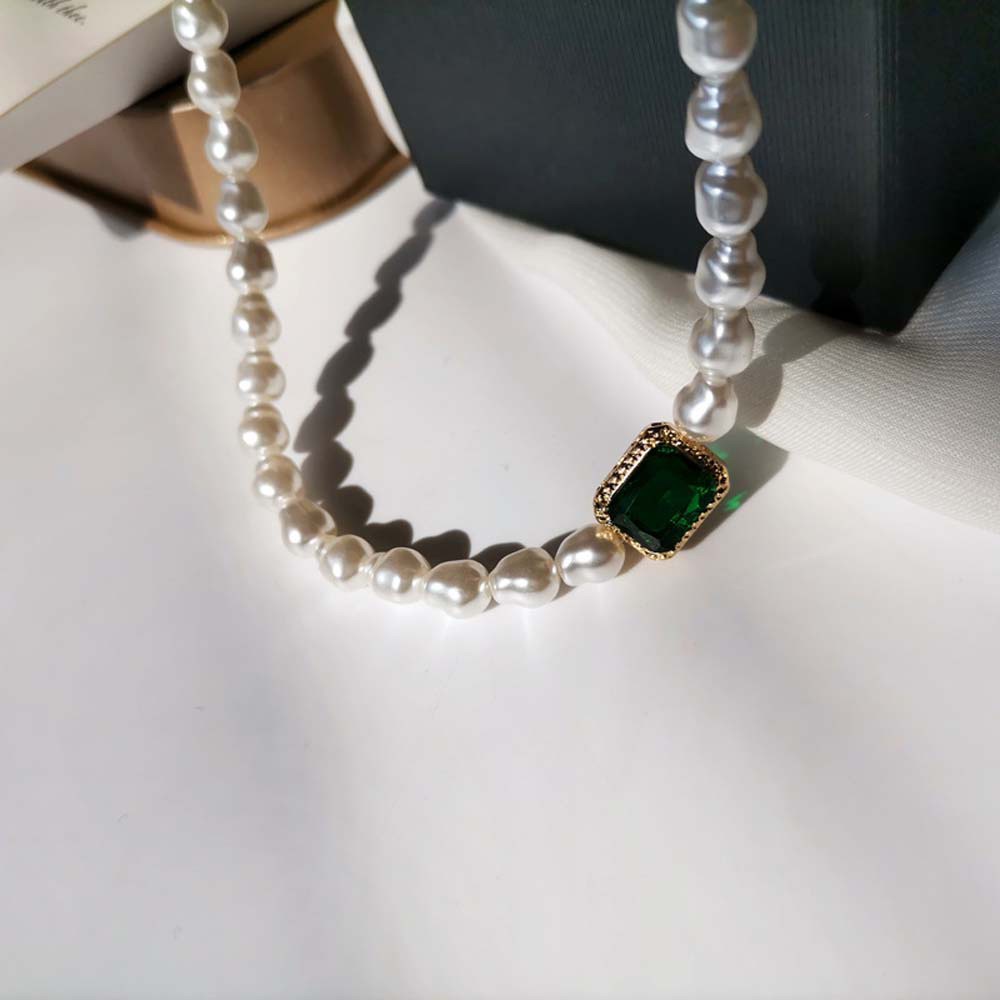 Vòng cổ choker/Vòng tay chuỗi ngọc trai xinh xắn đính đá vuông thủy tinh xanh lục hợp kim thanh lịch kiểu Hàn lãng mạn