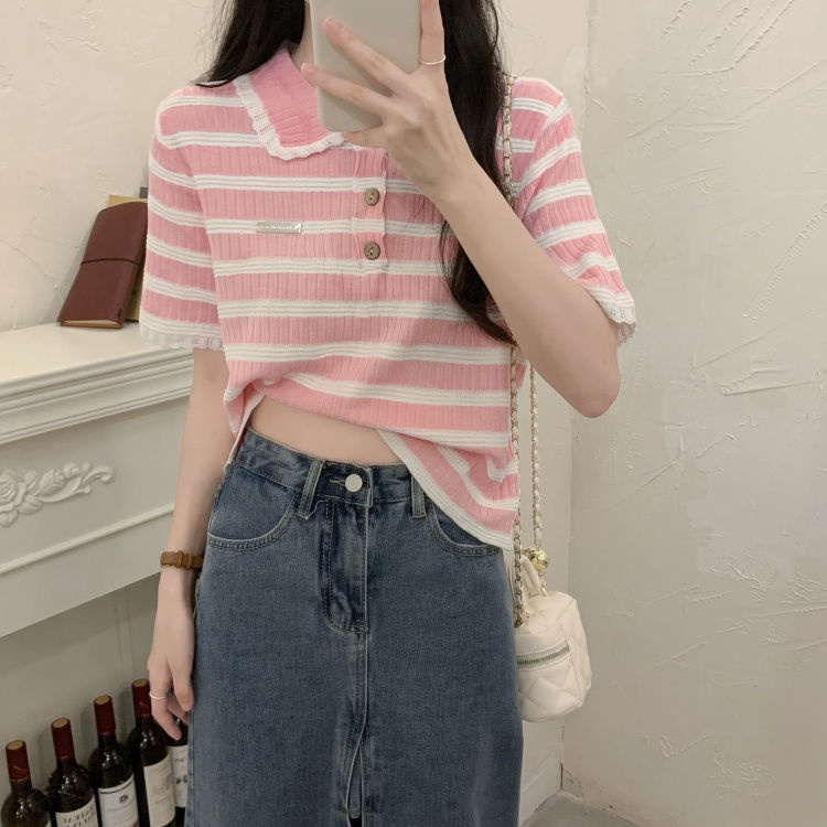 Áo polo Dệt Kim Tay Ngắn Họa Tiết Kẻ Sọc Màu Sắc Tương Phản Thời Trang Mùa Hè 2022 Cho Nữ