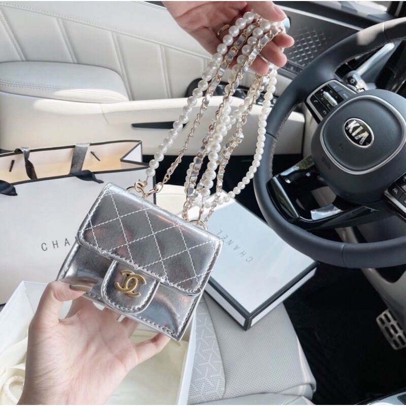 Túi Xách Nữ Đeo Chéo Mini Da Bóng Khoá Chữ X, Dây Ngọc kèm Dây Xích Da Xinh Xắn TTX10