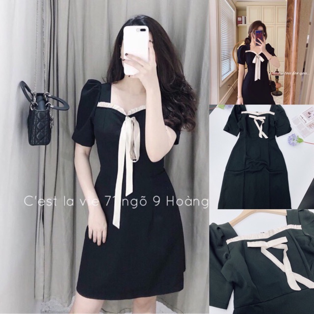 Váy đen nơ viền lụa tơ sang chảnh
