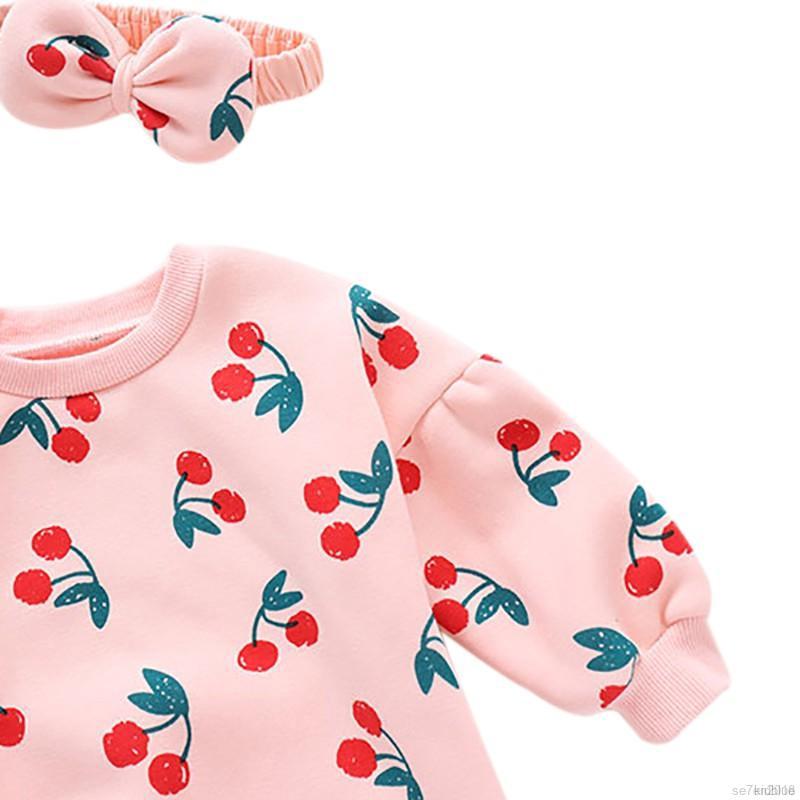 Set áo liền quần dài tay hình quả anh đào và Băng đô xinh xắn cho bé gái