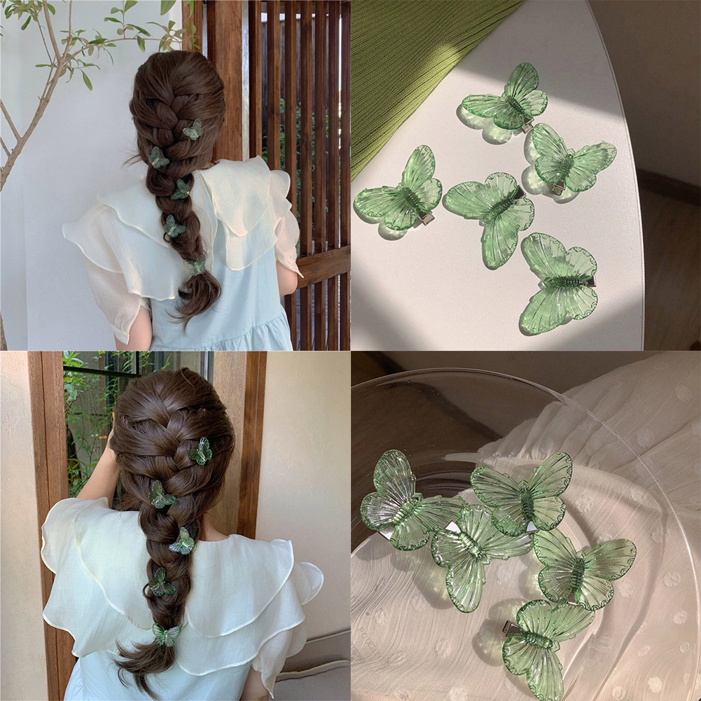 Set 5 Kẹp Tóc Hình Bướm Màu Xanh Lá Phong Cách Thời Trang