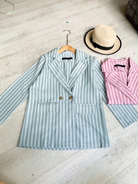 [Ảnh thật/Video] Áo blazer kẻ 2 màu hồng xanh
