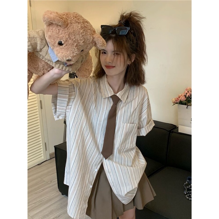 Bộ Áo Sơ Mi POLO Ngắn Tay Kẻ Sọc + Chân Váy Xếp Ly Đáng Yêu Cho Nữ