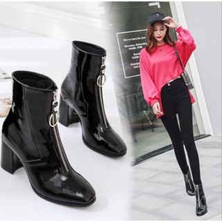 Boot cổ lửng da bóng dây kéo trước thời thượng gbn43