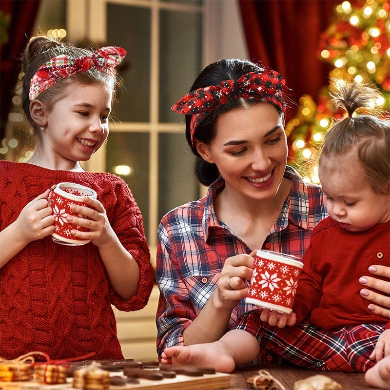 Băng đô cài tóc thắt nơ tai thỏ họa tiết caro/ bông tuyết dễ thương chống trượt phong cách giáng sinh cho nữ