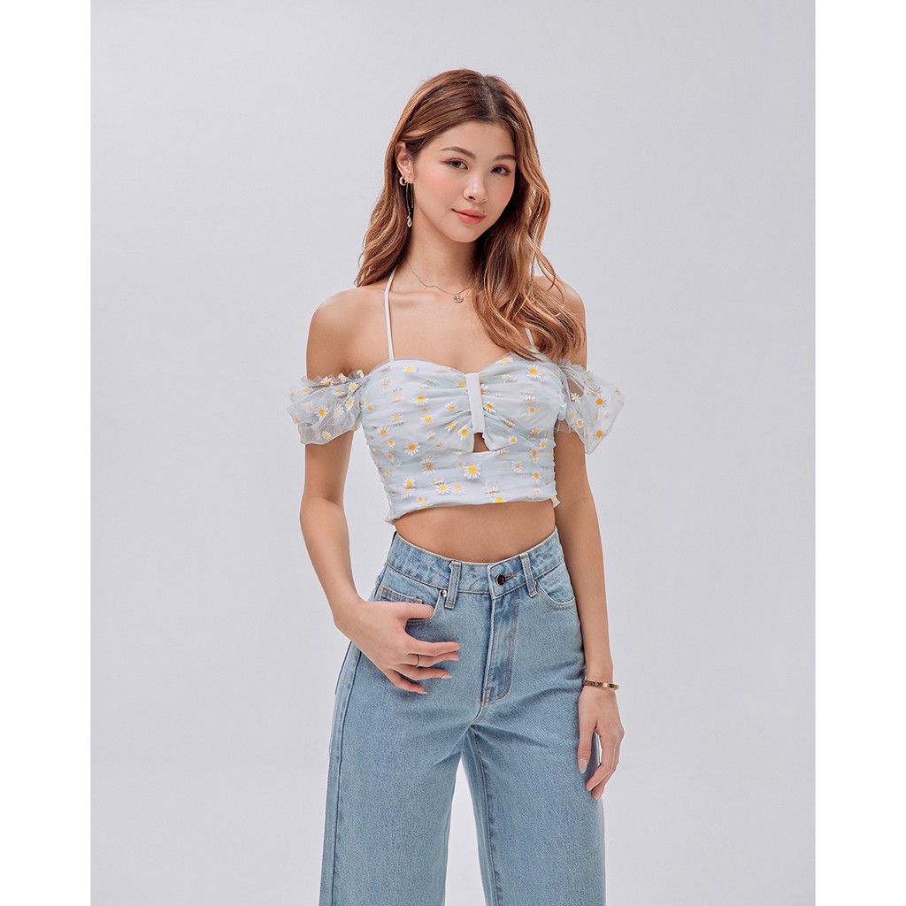 Áo croptop SheByShj xanh dương tay bồng họa tiết hoa cúc - Blue Daisy Top