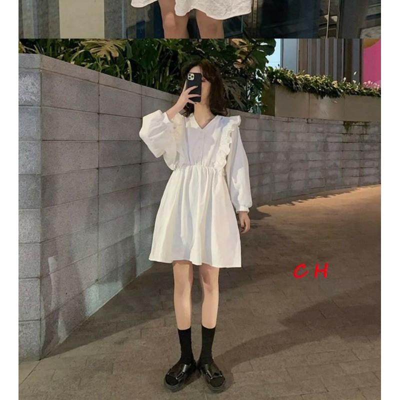 Váy Babydoll Trắng Đen tay bồng cánh dơi🦋 Đầm Nữ Tay Bồng Dáng Suông 🦋 Đầm nữ xòe unisex | BigBuy360 - bigbuy360.vn