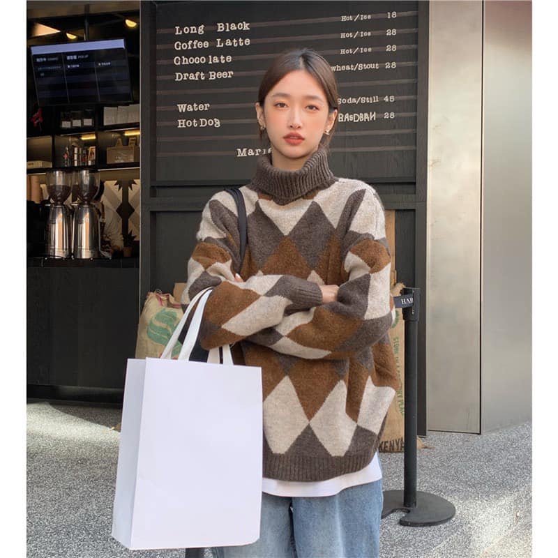 Áo len cổ lọ nữ, áo len nữ form rộng cổ lọ họa tiết hình thoi hàng loại 1 chất len mềm mịn tông màu xinh style hàn quốc | BigBuy360 - bigbuy360.vn