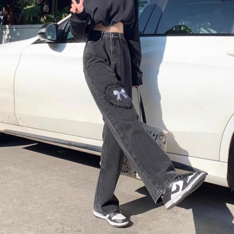 Quần jeans suông ống đứng đen xám thêu nơ