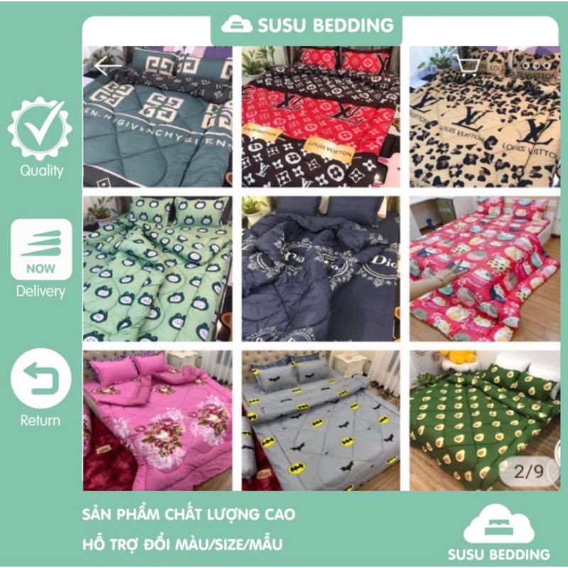 Xả kho set chăn ga poly 5 món, chăn phao Trần bông dày dặn kèm ga gối cùng màu