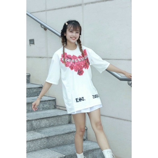 Áo thun in hoa hồng xanh, áo phông tay lỡ, áo form rộng unisex | BigBuy360 - bigbuy360.vn