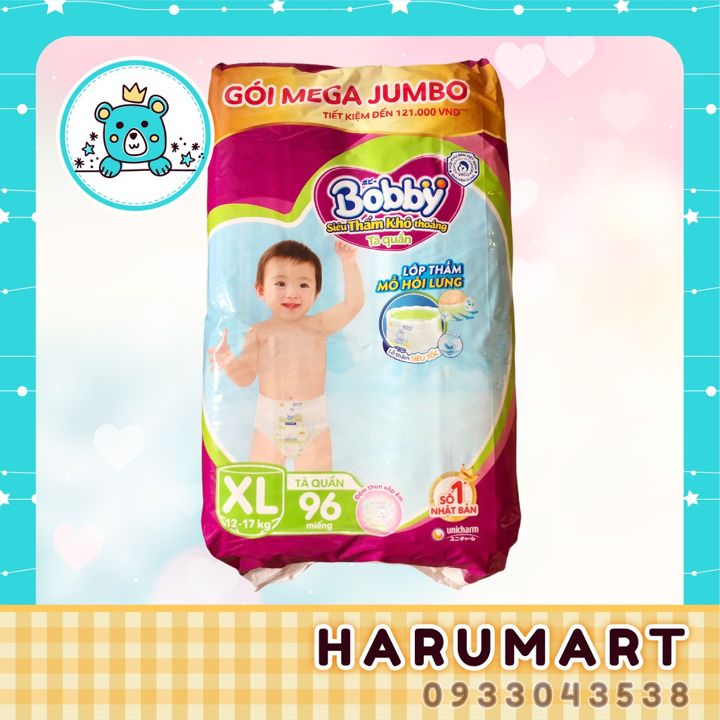 Bỉm tã quần Bobby có chứa gạo non Mega Jumbo M120/L104/XL92/XL84/XXL84