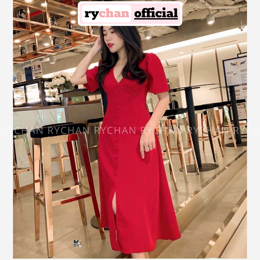 Đầm Xòe Cổ V Nút Bọc Xẻ Giữa Cổ V Tay Ngắn Tôn Dáng Màu Đỏ - DX973