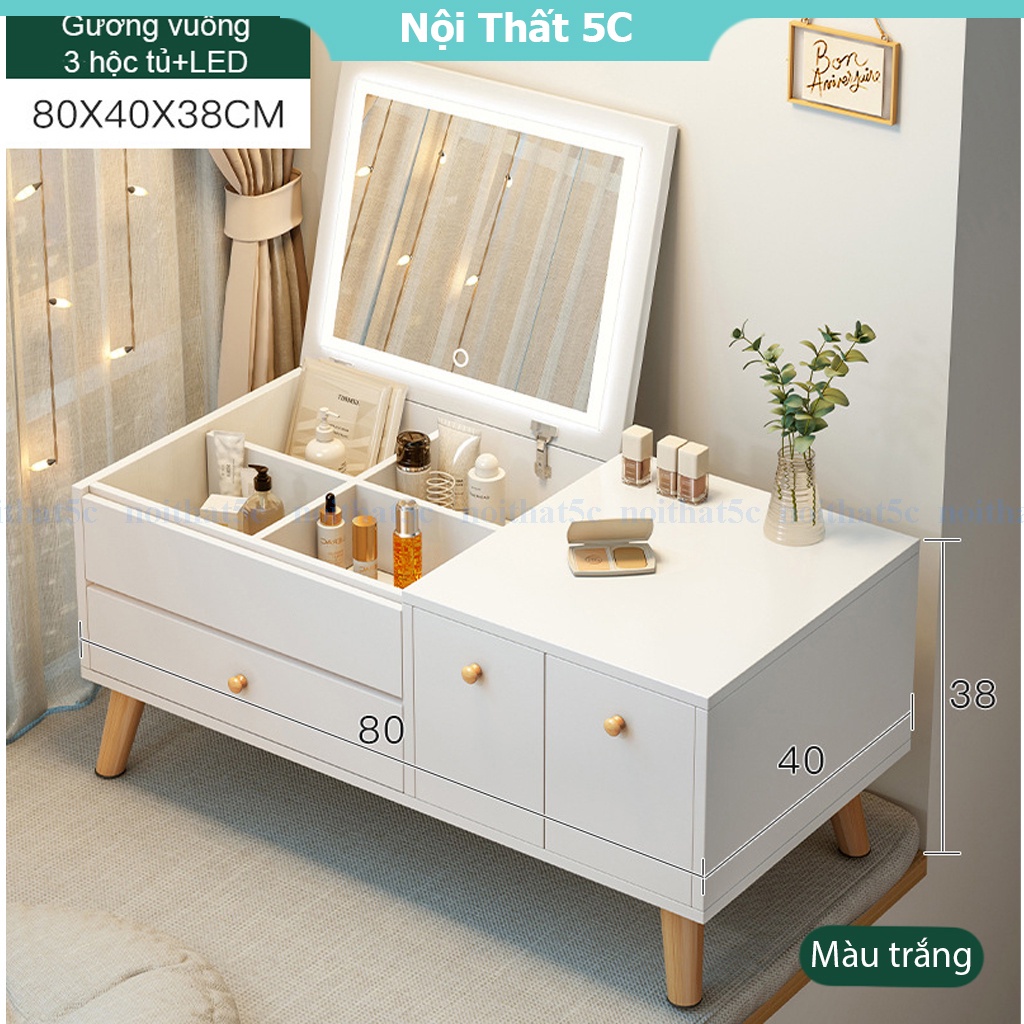 Bàn trang điểm ngồi bệt kèm đèn tích hợp LED có hộc tủ, bàn phấn chân thấp decor phòng trang trí