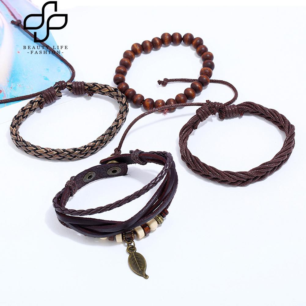 Bộ vòng tay 4 chiếc bằng da nhiều lớp dạng dây bện có mặt dây hình chiếc lá thời trang dành cho nam giới
