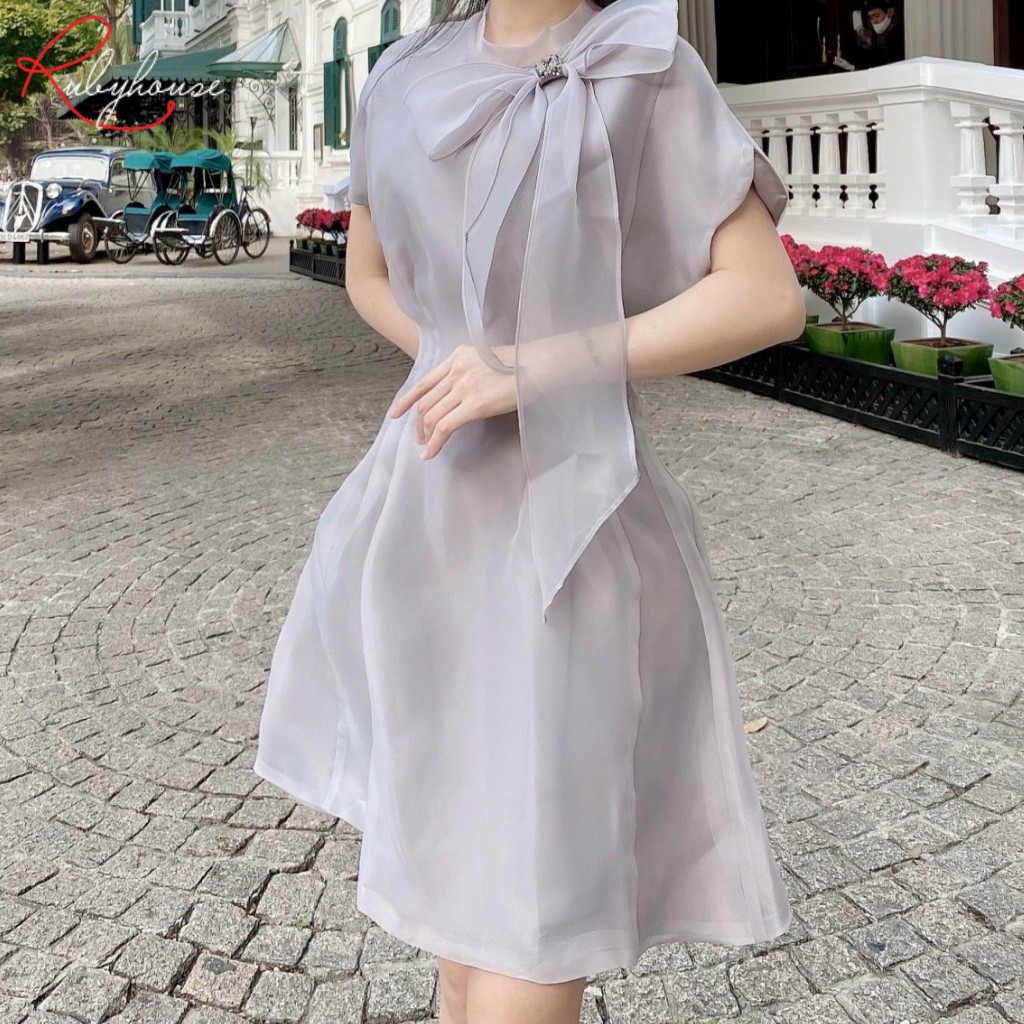 Váy Tơ Organza Cổ Nơ RUBY HOUSE - Váy Chất Organza, Nơ Đính Cườm Thủ Công Xinh Xắn ,Tay Chờm Che Bắp Tay 2968-4