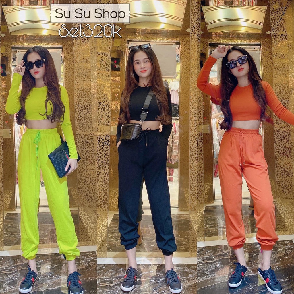 Sét bộ thể thao áo croptop tay dài quần ống ôm cực xinh