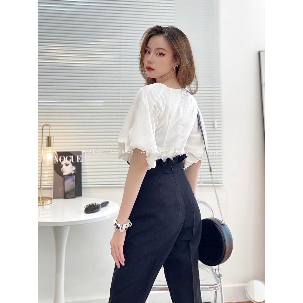 Áo xoắn ngực cổ chéo tay phồng nữ cổ v sang chảnh nữ tính Lovi