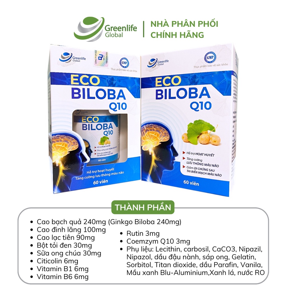 Viên uống bổ não GrnLife Eco Biloba Q10 Ginkgo 240mg - Lưu thông, tuần hoàn máu não (60 viên nang mềm)