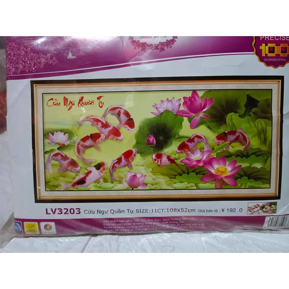 Tranh thêu chữ thâp cá cửu ngư quần hội KT:108x52cm,Tranh chưa thêu .Tặng kéo và xỏ chỉ